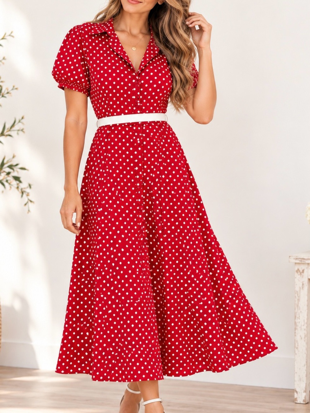 Tropical Wear 2XL Red White Polka Dot Belted Midi Dress Made USA Retro
